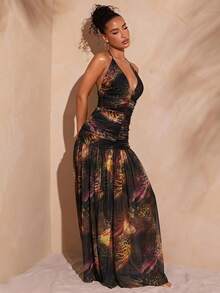Hauture Sexy Summer Vacation Abstract Printed Deep Plunge Ruched Halter Open Back Maxi Dress - Multicolor - View 3
