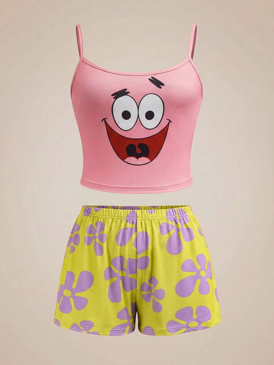 SpongeBob SquarePants | SHEIN 女士吊带背心和短裤睡衣套装 - 彩色 - 查看 1