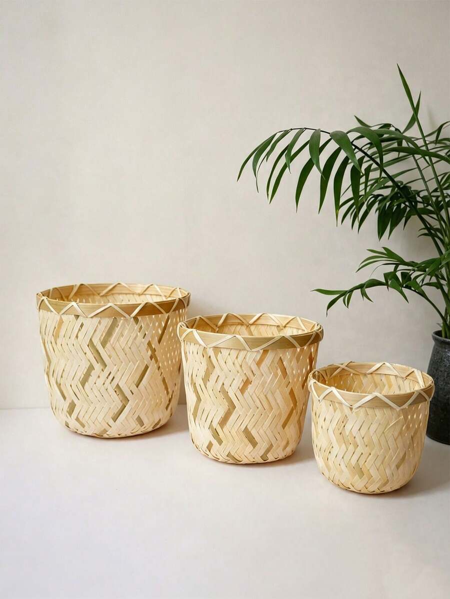 Haus Hana 1pc Wholesale Hand-Woven Bamboo Storage Basket, Round Waste Bin & Sundries Organizer For Coffee Table, Living Room, Bedroom & Study - Multicolor - View 1
