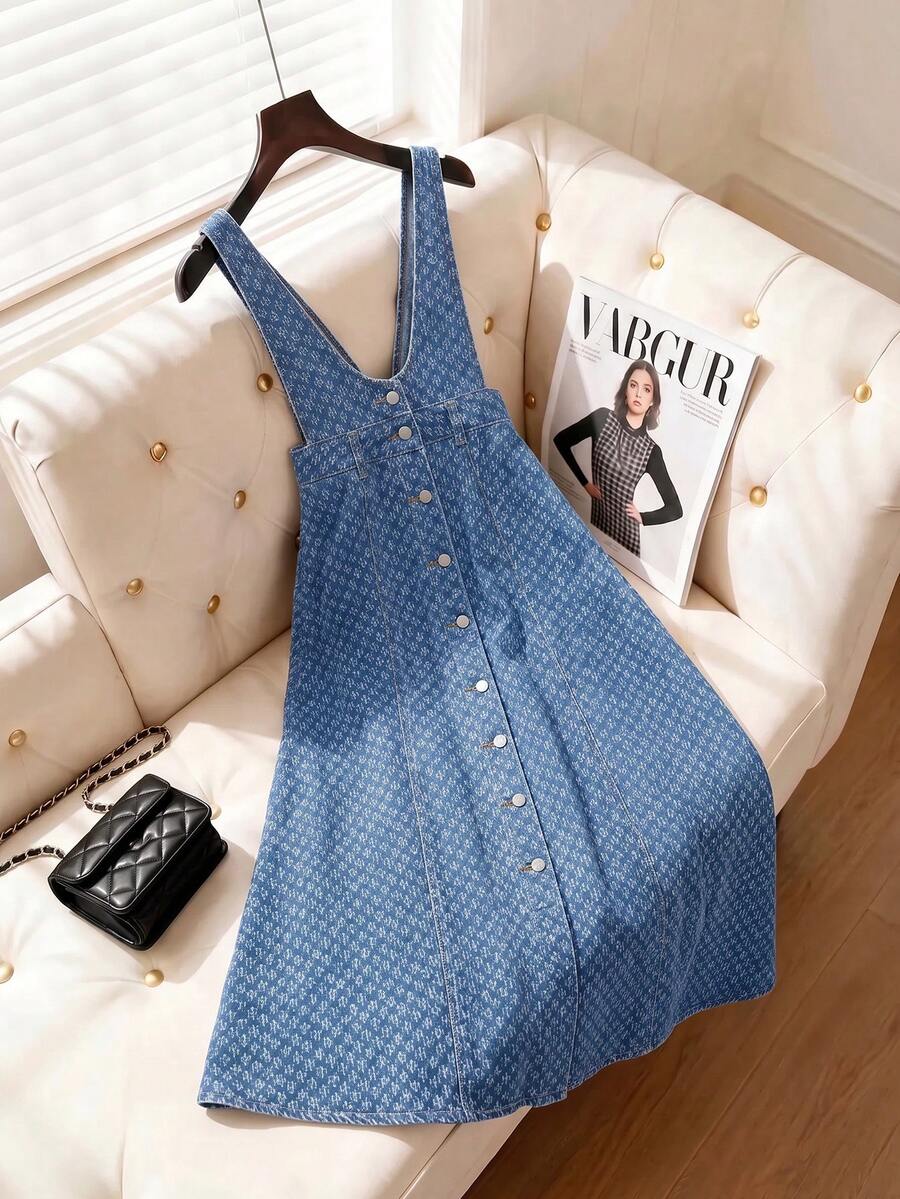 SHEIN MOD 女款休閒 70 年代水洗無袖前扣牛仔洋裝，秋季服飾，適合教師工作、早午餐、鄉村風、牛仔女郎，藍色