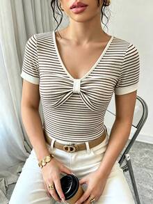 SHEIN PariChic 女款 V 領米色格紋蝴蝶結設計修身上衣 早午餐夏季休閒 - 彩色 - 查看 7