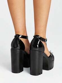 Sugerpunk Women's Fashion And Sexy Platform High-Heeled Shoes, Punk Style, Gothic Street Style, Rivet Buckle Solid Color Round Toe Design, Nightclub Party - Coal black - View 8