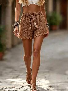 SHEIN Holidaya Women's Summer Casual Boho Vacation Loose Comfortable Faux Lace Print Elastic Waist Shell Tassel Trim Shorts Beach Brown Checkered - Brown - View 1