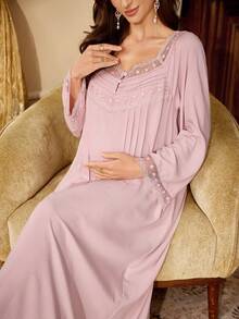 PalaceNights Court Style Loose Square Neck Embroidered Lace Maternity Long Nightgown - Dusty Pink - View 6