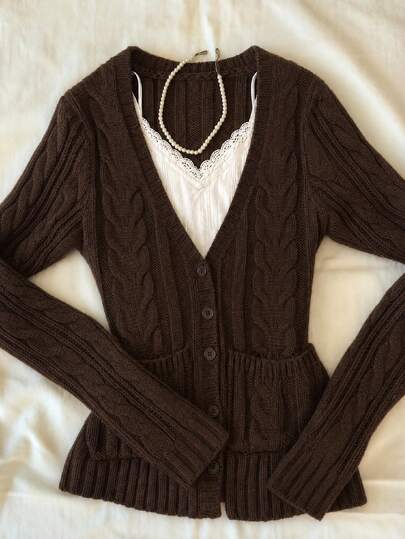 IslaSuriya American College Vintage Style Dark Brown Cable Knit V-Neck Single-Breasted Cardigan Jacket With Real Pockets