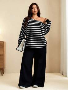 Edennvi Plus Size Women's Crew Neck Casual Striped Sweatshirt - Black - View 5