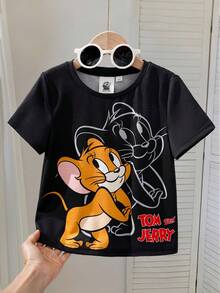 TOM & JERRY X SHEIN 少女卡通印花圓領短袖休閒T恤 - 黑色 - 查看 3