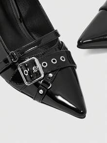 ROMWE Grunge Punk Elegant Pointed Toe Chunky Heel Lacquer Leather Pumps For Christmas Y2K 2000s Style - Love Black - View 8