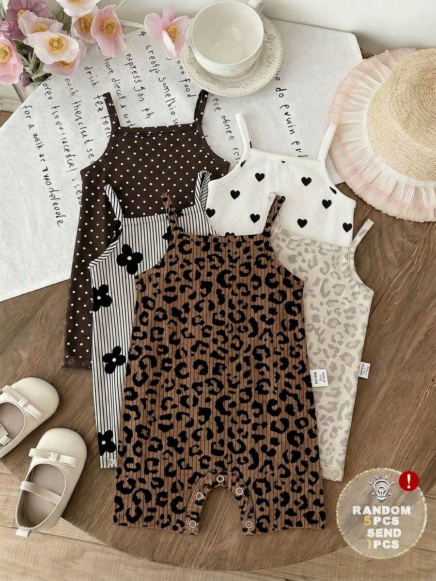 SHEIN LMoss Kids 女嬰休閒無袖連身衣,深棕色豹紋圖案,搭配迷人復古風條紋花卉設計 - 白色 - 查看 1