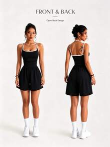 SHEIN 1pc Contrast Binding Cami Romper With Ruched Detail Crisscross Back Athletic Athleisure Sporty Style Gym Workout Black And White Summer - Black - View 1