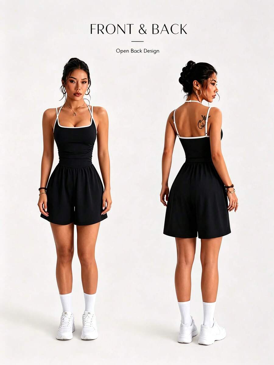SHEIN 1pc Contrast Binding Cami Romper With Ruched Detail Crisscross Back Athletic Athleisure Sporty Style Gym Workout Black And White Summer - Black - View 1