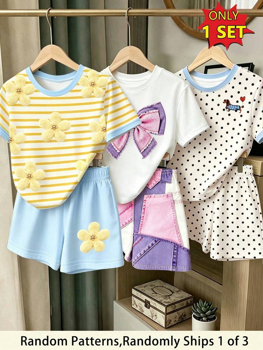 (隨機3款,發貨1套) 女孩清新簡約拼接蝴蝶結、條紋、花朵、波點、愛心、氣球、小狗圖案基礎短袖T恤短褲套裝 - 彩色 - 查看 1