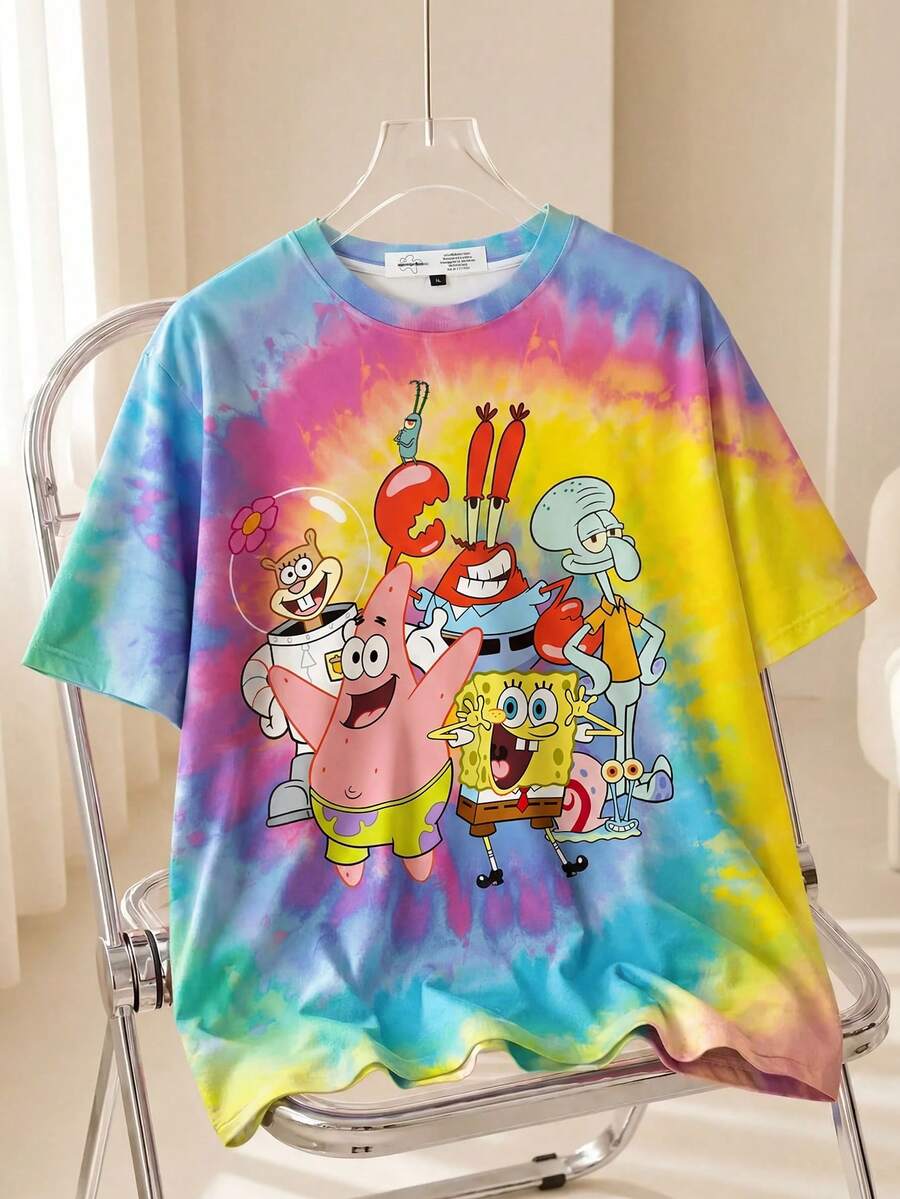 SpongeBob SquarePants | SHEIN 大码扎染卡通图案圆领短袖T恤 - 白色 - 查看 1