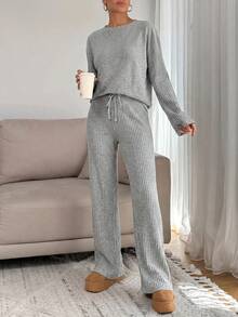 Solid Color Long Sleeve Top And Pants Set - Grey - View 3