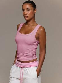 MUSERA ESSENTIALS Ribbed Scoop Neck Fitted Tank Vest Top Cute Everyday Basics Sexy Daily Spring Summer Essential - Pink - View 3