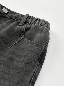 SHEIN 男童牛仔寬腿長褲，四季新款，極簡街頭風百搭休閒款，深灰色復古水洗，適合上學日常與秋季度假 - 深灰色 - 查看 4