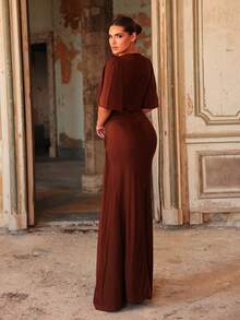 Aureia Elegant Coffee-Colored Brown Stretch Boat Neck Flutter Sleeve Ruched Draped Bodycon Maxi Floor Length Formal Event Vow Ball Wedding Bridal Gown Winter - Coffee Brown - View 4