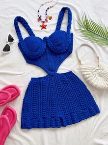 Soleia Women's Plus Size Blue Spaghetti Strap Romper For Vacation - Royal Blue - View 1