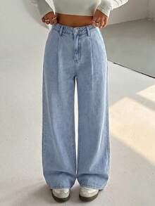 SHEIN Unity Women's Casual Streetwear Washed Straight Leg Jeans Everyday School Light Blue Summer - Blue - View 1