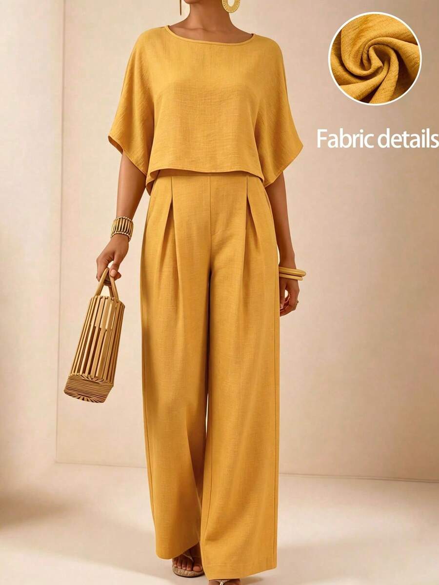 SHEIN Veneréa Women's Solid Color Loose Wide-Leg Pants Set, Summer - Mustard Yellow - View 1