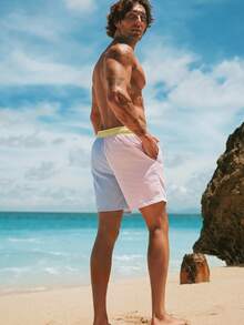 Pantalones cortos a rayas para hombre HIMLAND en tela tejida transpirable, bañadores amarillos a rayas para hombre, pantalones cortos de natación amarillos a rayas para hombre, pantalones cortos de playa para hombre, ropa de playa para hombre, vacaciones, regalos del Día del Padre - Multicolor - Ver 2