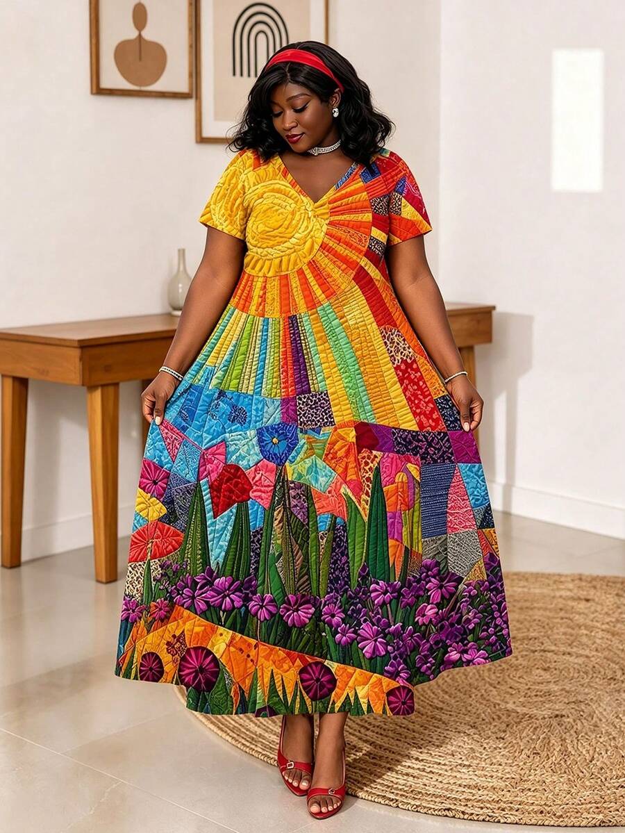 CurvyTilda Plus Size Women Colorful Artistic Textured Pattern V-Neck Short Sleeve Dress, Suitable For Summer, Spring Break - Multicolor - View 1