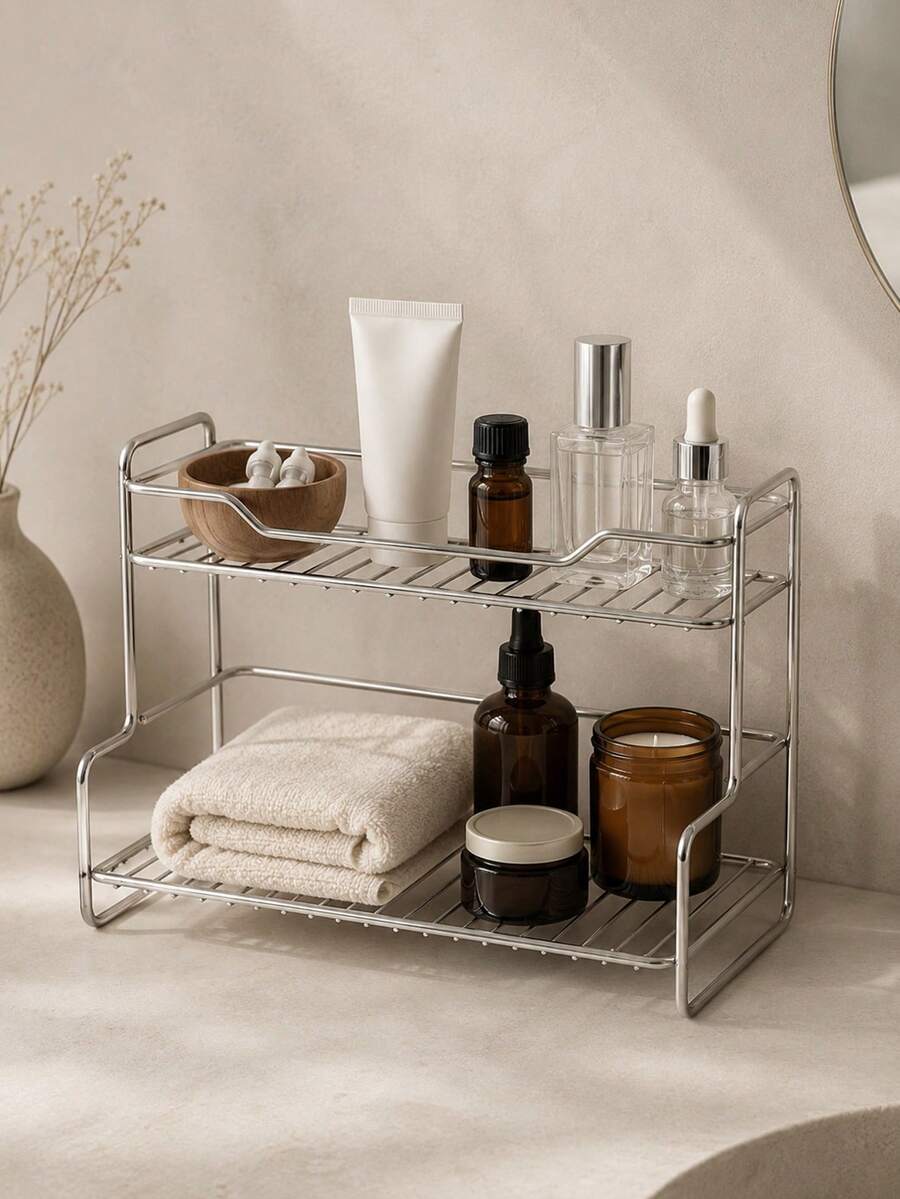 Zazumi Tier Polished Carbon Steel Bathroom Counter Organizer Rack,Vanity Perfume Display Stand For Bedroom Sink Tabletop, Space-Saving Apartment Bathroom Accessory, Practical Housewarming Gift For Cosmetic & Toiletry Neat Storage