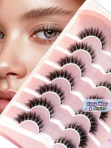 7 Pairs Set Natural Long Curled Thick Volume Crossed Fish Tail False Lashes Clear Stems For Daily Dating Party Wedding Work Must Have Beauty Accessory - Black - View 1