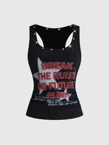 ROMWE Grunge Punk Tank Top Pas Badan dengan Motif Bintang Slogan Punk Metal, Gaya Grunge Emo Girl, Estetika Sedih dan Tertekan, Motif Bintang dan Rivet. - Hitam - View 1