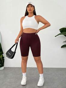 SHEIN EZwear 酒紅色涼感大尺碼女款純色高腰緊身短褲 - 酒紅色 - 查看 7