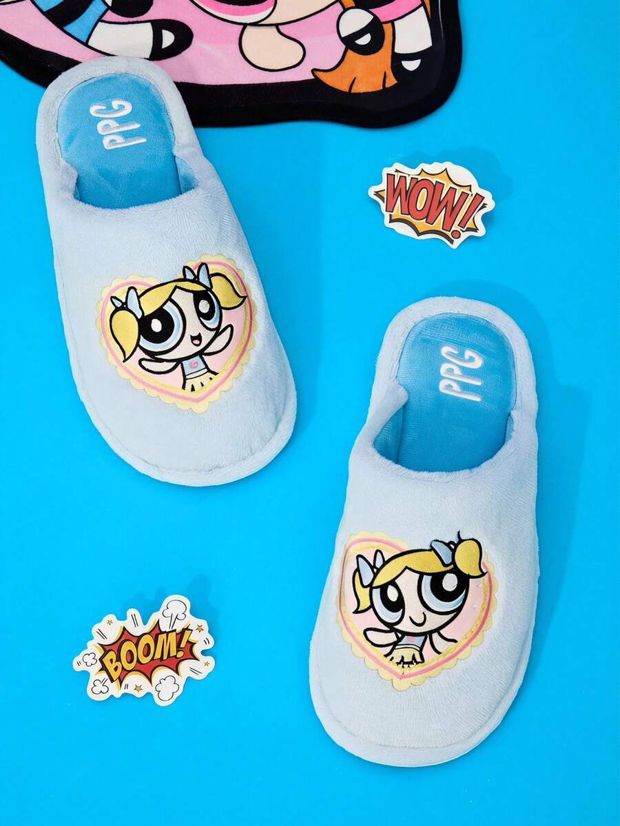 THE POWERPUFF GIRLS X Joivida 1雙藍色毛絨拖鞋,立體刺繡字母,平底防滑女款居家鞋,適合學生宿舍、冬季、辦公室地毯、居家使用,溫馨禮物 - 藍色 - 查看 1