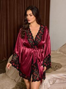 Slumberist Plus Size Satin Lace Robe: Sexy Red Lips Lace Patchwork, Lace Trim Cuffs And Hem, Diagonal Cut Slim Fit Satin Robe - Burgundy - View 6