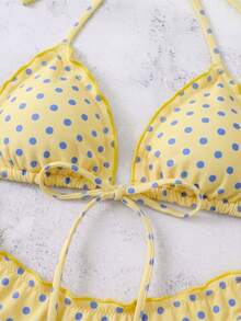 SHEIN Swim 女款夏季波點印花性感細肩帶綁繩蝴蝶結比基尼兩件式泳衣海灘度假套裝 - 黃色 - 查看 5