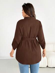 SHEIN Essnce Plus Size Casual Versatile Commute Solid Color Shirt Fall - Brown - View 3