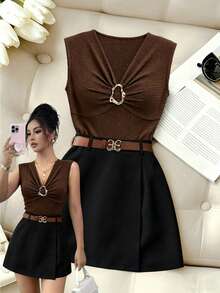 SHEIN Clasi Women's Summer Casual Sexy Tank Top Skort 2 Pieces Set Night Out Club Chocolate Brown Black - Multicolor - View 4