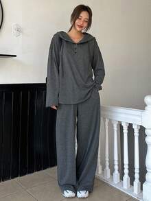 Dazy Tall Setelan Kasual Wanita 2 Potong Terdiri dari Gaun Hoodie dan Celana Longgar untuk Musim Gugur - Grey - View 2