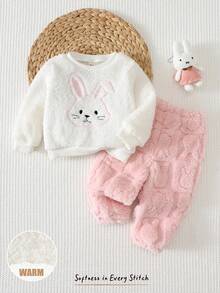 Cozy Pixies Baby Girl Cartoon Rabbit Embroidered Pattern Plush Soft Round Neck Long Sleeve Pullover Sweatshirt Elastic Waist Textured Cartoon Pattern Letter Graphic Plush Long Pants 2-Piece Set - Pink - View 5