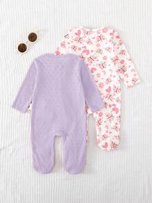 Cozy Pixies Newborn Baby Girl Floral Pattern Knitted Soft Round Neck Long Sleeve Bodysuit & Pants 2pcs Pieces Set - Mauve Purple - View 2