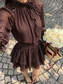 Sweetra Autumn/Winter New Fashion Design Rose Flower Ribbon Decor French Sweet Brown Polka Dot Chiffon Flowy Lightweight Vacation Long Sleeve Short Dress For Women - Brown - View 2