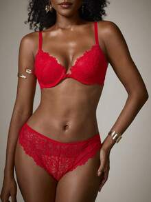 DreamPoppy Peach Girl 1 Set/2pcs Red Lace Women's Lingerie Set - Sexy Push-Up Bra And Panty, Perfect Choice For Romantic Nights - Red - View 3