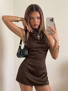 SHEIN ICON Elegant Backless Long Tie Neck Mini Dress,Dresses For Women Summer - Coffee Brown - View 1