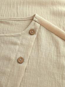 SHEIN Holidaya Women's Elegant Casual Button-Up Asymmetrical Top And Pants 2 Pieces Set - Khaki - View 6