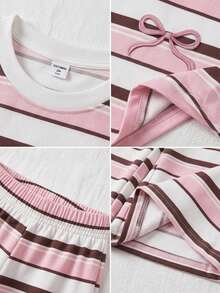 SHEIN 女童針織條紋休閒T恤與長褲兩件套 - 粉色 - 查看 5