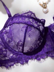 SHEIN 2件組玫瑰紅成熟性感風蕾絲拼接內衣套裝 - 紫色 - 查看 5