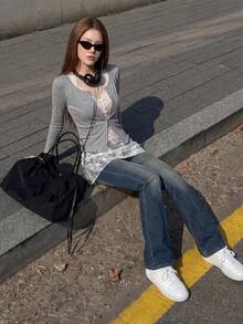 Sweetina 2pcs/Set Kardigan Rajut Lengan Panjang Wanita & Atasan Camisole Bertali Renda - Grey - View 4