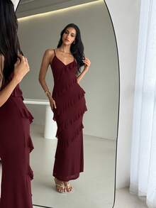 Aloruh Women's Spring/Summer Bohemian Elegant Ruffle Trim Fitted Dress Day Party Dinner Holiday Night Burgundy - Maroon - View 6