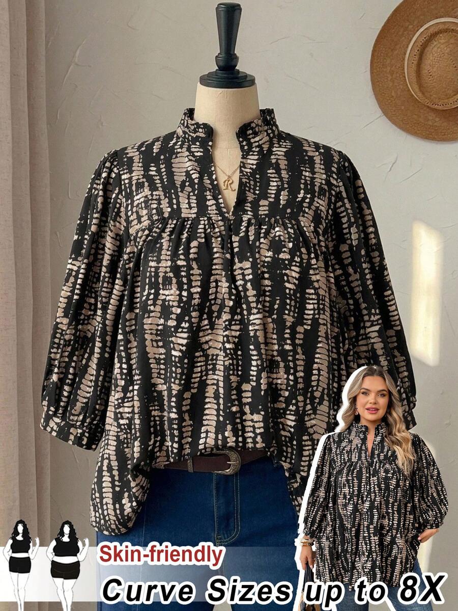 SHEIN CURVE+ 大尺碼女款全印花缺口V領長袖寬鬆襯衫 - 彩色 - 查看 1