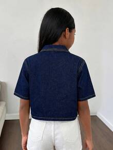 SHEIN 青少年女孩深藍色牛仔寬鬆短版夾克 度假 世界盃 - 藍色 - 查看 4