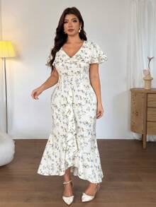 Firerie Plus Size Summer Elegant Ditsy Floral Ruffle Hem Dress Elegant Floral Print Ruffle Dress For Women Casual Vacation Daily Going Out Dress For Women - Multicolor - View 7