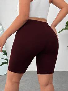 SHEIN EZwear 酒紅色涼感大尺碼女款純色高腰緊身短褲 - 酒紅色 - 查看 2